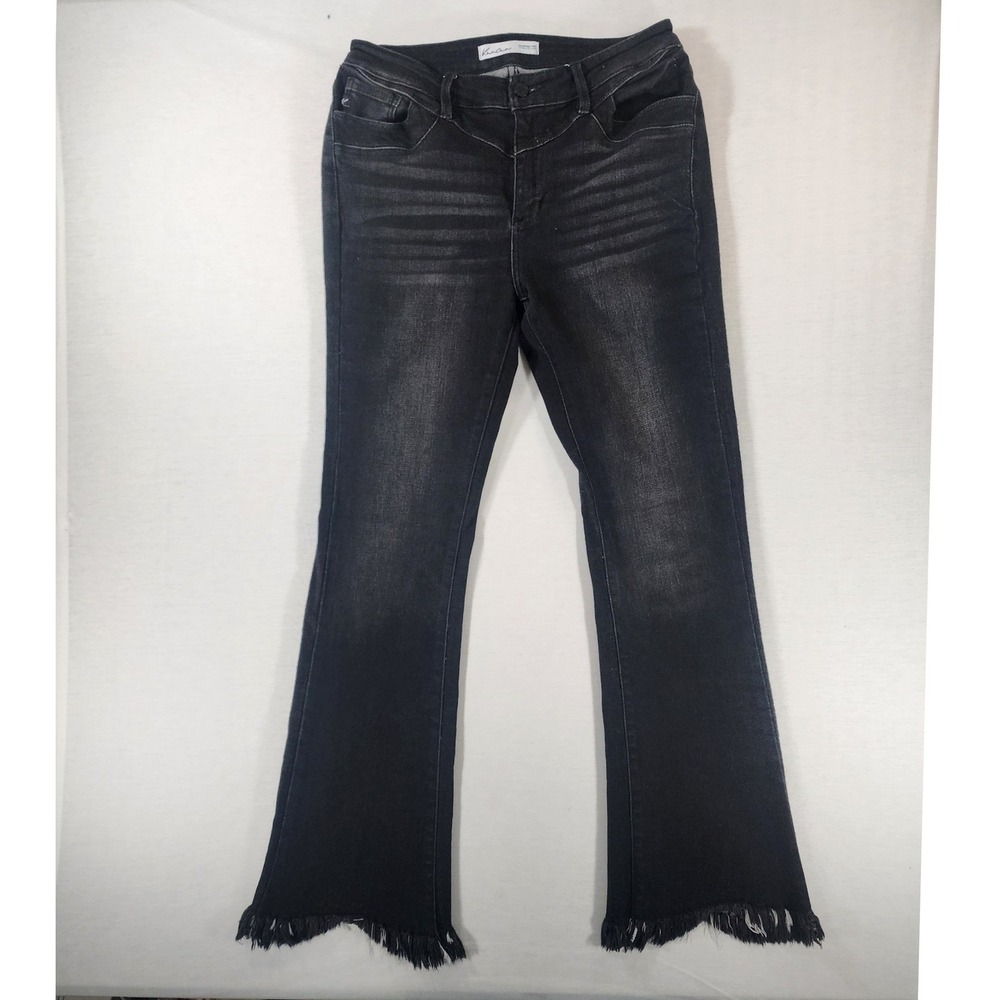 KanCan Flare Jean Women 28 Black Frayed Step Hem Whiskered 213419 Retro Festival